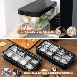 Large Ice Cube Tray with Lid and Bin Ice Trays for Freezer 2 INCH Whiskey Ice Cubes Mold 1*8 pcs Square Ice Cube Mold with Tong Easy to Release Large Ice Tray for Whiskey Cocktail Bourbon