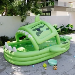 Large Inflatable Swimming Pool Shark-Themed Durable PVC Material Perfect for Family Outdoor Water Parties