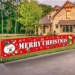 Large Merry Christmas Banner Xmas Decoration Snowman Christmas Tree Hanging Huge Sign Holiday Party Supplies Home Decor For Outdoor, Indoor, Yard, Garden, Porch, Lawn