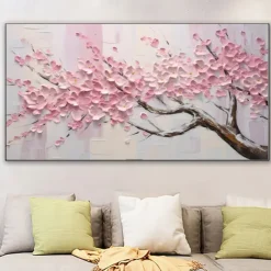 Large Plum Blossom Oil Painting Hand painted Pink Flowers Canvas Wall Art Thick Texture Palette Knife Painting Bedside Art Anniversary Gift Home Decor