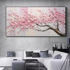 Large Plum Blossom Oil Painting Hand painted Pink Flowers Canvas Wall Art Thick Texture Palette Knife Painting Bedside Art Anniversary Gift Home Decor
