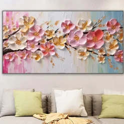 Large Plum Blossom Oil Painting Hand painted Pink Flowers Canvas Wall Art Thick Texture Palette Knife Painting Bedside Art Anniversary Gift Home Decor