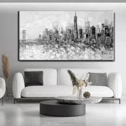 Large wall art Handmade San Francisco skyline painting Hand Painted Wall Art Black and white abstract art Palette knife city art picture Home Decoration Decor Rolled Canvas