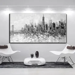 Large wall art Handmade San Francisco skyline painting Hand Painted Wall Art Black and white abstract art Palette knife city art picture Home Decoration Decor Rolled Canvas
