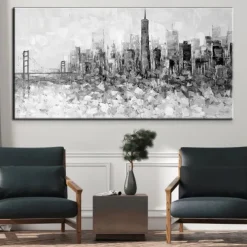 Large wall art Handmade San Francisco skyline painting Hand Painted Wall Art Black and white abstract art Palette knife city art picture Home Decoration Decor Rolled Canvas
