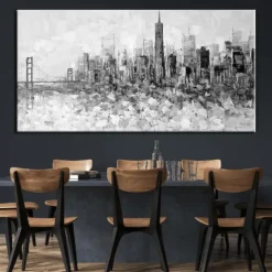 Large wall art Handmade San Francisco skyline painting Hand Painted Wall Art Black and white abstract art Palette knife city art picture Home Decoration Decor Rolled Canvas