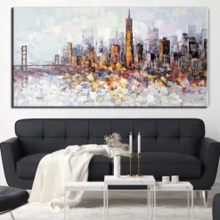 Large wall art Handmade San Francisco skyline painting Hand Painted Wall Art Black and white abstract art Palette knife city art picture Home Decoration Decor Rolled Canvas