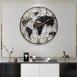 Large Wall Clock World Map Modern Mute Simple Round Iron Design Living Room Corridor Decoration Electronic Clock 60cm