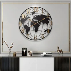 Large Wall Clock World Map Modern Mute Simple Round Iron Design Living Room Corridor Decoration Electronic Clock 60cm