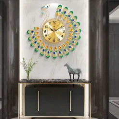 Large Wall Clocks for Living Room Decor Gold Decoration Wall Clock Silent Battery Operated Non Ticking for Bedroom Kitchen 15 Inch Retro Peacock Crystal Wall Watch Quartz for Home Office Indoor