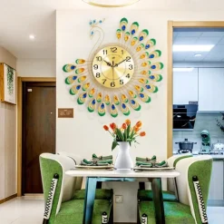 Large Wall Clocks for Living Room Decor Gold Decoration Wall Clock Silent Battery Operated Non Ticking for Bedroom Kitchen 15 Inch Retro Peacock Crystal Wall Watch Quartz for Home Office Indoor