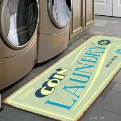Laundry Bath Mat Non-slip Runner Non Skid Machine Washable Area Rugs Laundry Decor for Kitchen, Bath, Washroom Blue White