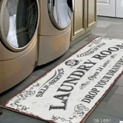 Laundry Bath Mat Non-slip Runner Non Skid Machine Washable Area Rugs Laundry Decor for Kitchen, Bath, Washroom Blue White