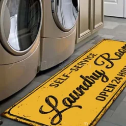 Laundry Bath Mat Non-slip Runner Non Skid Machine Washable Area Rugs Laundry Decor for Kitchen, Bath, Washroom Blue White