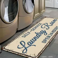 Laundry Bath Mat Non-slip Runner Non Skid Machine Washable Area Rugs Laundry Decor for Kitchen, Bath, Washroom Blue White