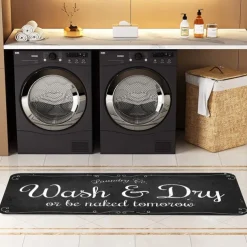 Laundry Bath Mat Non-slip Runner Non Skid Machine Washable Area Rugs Laundry Decor for Kitchen, Bath, Washroom Blue White