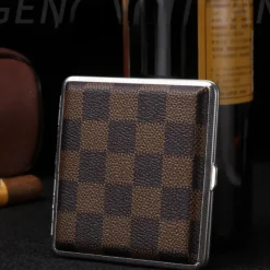Leather Cigarette Case with Elastic Strap, Metal Frame, Holds 20 Cigarettes, Protective Holder for Hand-Rolled Cigarettes