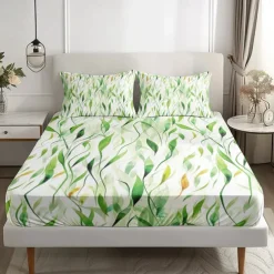Leaves Pattern Fitted Sheet Set 100% Cotton Ultra Soft Breathable Silky Bed Sheets Deep Pocket Bedding Sheets 3 Piece Queen King Size