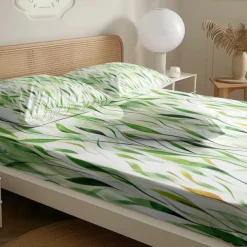 Leaves Pattern Fitted Sheet Set 100% Cotton Ultra Soft Breathable Silky Bed Sheets Deep Pocket Bedding Sheets 3 Piece Queen King Size