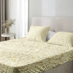 Leaves Pattern Fitted Sheet Set 100% Cotton Ultra Soft Breathable Silky Bed Sheets Deep Pocket Bedding Sheets 3 Piece Queen King Size