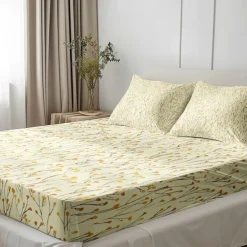 Leaves Pattern Fitted Sheet Set 100% Cotton Ultra Soft Breathable Silky Bed Sheets Deep Pocket Bedding Sheets 3 Piece Queen King Size