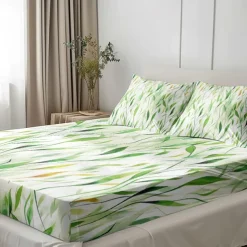 Leaves Pattern Fitted Sheet Set 100% Cotton Ultra Soft Breathable Silky Bed Sheets Deep Pocket Bedding Sheets 3 Piece Queen King Size