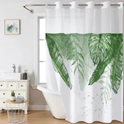 Leaves Waffle-Weave Textured Shower Curtain Set with Snap-in Liner and Sheer Window Water-Repellent Polyester,Grommet Top,120GSM Hotel Quality Spa Style Bathroom Partition No Hooks Required