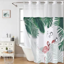 Leaves Waffle-Weave Textured Shower Curtain Set with Snap-in Liner and Sheer Window Water-Repellent Polyester,Grommet Top,120GSM Hotel Quality Spa Style Bathroom Partition No Hooks Required