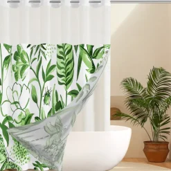 Leaves Waffle-Weave Textured Shower Curtain Set with Snap-in Liner and Sheer Window Water-Repellent Polyester,Grommet Top,120GSM Hotel Quality Spa Style Bathroom Partition No Hooks Required