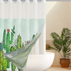 Leaves Waffle-Weave Textured Shower Curtain Set with Snap-in Liner and Sheer Window Water-Repellent Polyester,Grommet Top,120GSM Hotel Quality Spa Style Bathroom Partition No Hooks Required