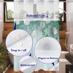 Leaves Waffle-Weave Textured Shower Curtain Set with Snap-in Liner and Sheer Window Water-Repellent Polyester,Grommet Top,120GSM Hotel Quality Spa Style Bathroom Partition No Hooks Required