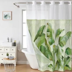 Leaves Waffle-Weave Textured Shower Curtain Set with Snap-in Liner and Sheer Window Water-Repellent Polyester,Grommet Top,120GSM Hotel Quality Spa Style Bathroom Partition No Hooks Required