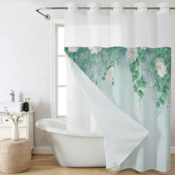 Leaves Waffle-Weave Textured Shower Curtain Set with Snap-in Liner and Sheer Window Water-Repellent Polyester,Grommet Top,120GSM Hotel Quality Spa Style Bathroom Partition No Hooks Required