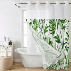 Leaves Waffle-Weave Textured Shower Curtain Set with Snap-in Liner and Sheer Window Water-Repellent Polyester,Grommet Top,120GSM Hotel Quality Spa Style Bathroom Partition No Hooks Required