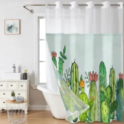 Leaves Waffle-Weave Textured Shower Curtain Set with Snap-in Liner and Sheer Window Water-Repellent Polyester,Grommet Top,120GSM Hotel Quality Spa Style Bathroom Partition No Hooks Required