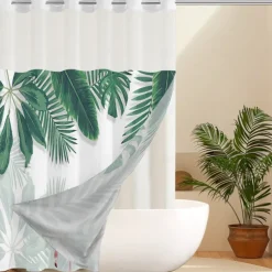 Leaves Waffle-Weave Textured Shower Curtain Set with Snap-in Liner and Sheer Window Water-Repellent Polyester,Grommet Top,120GSM Hotel Quality Spa Style Bathroom Partition No Hooks Required