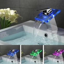 LED Bathroom Sink Faucet,Brass Waterfall 3-color Temperature Controlled Glass Spout Contemporary Style Chrome Finish Single Handle One Hole with Hot and Cold Switch