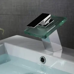 LED Bathroom Sink Faucet,Brass Waterfall 3-color Temperature Controlled Glass Spout Contemporary Style Chrome Finish Single Handle One Hole with Hot and Cold Switch