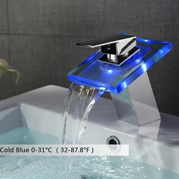 LED Bathroom Sink Faucet,Brass Waterfall 3-color Temperature Controlled Glass Spout Contemporary Style Chrome Finish Single Handle One Hole with Hot and Cold Switch