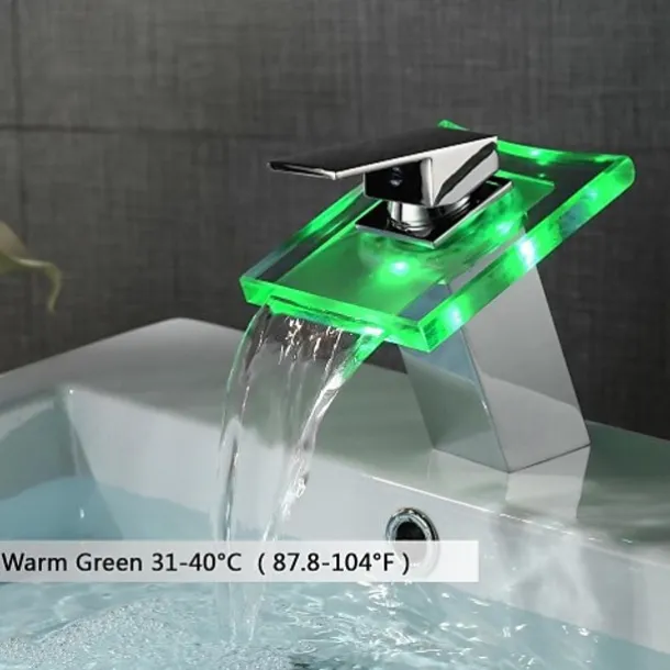 LED Bathroom Sink Faucet,Brass Waterfall 3-color Temperature Controlled Glass Spout Contemporary Style Chrome Finish Single Handle One Hole with Hot and Cold Switch