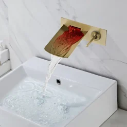 LED Bathroom Sink Mixer Faucet Waterfall Spout 3 Color Water Temperature, Basin Vessel Taps Brass Wall Mounted Single Handle Two Hole Bath Taps With Cold and Hot Hose