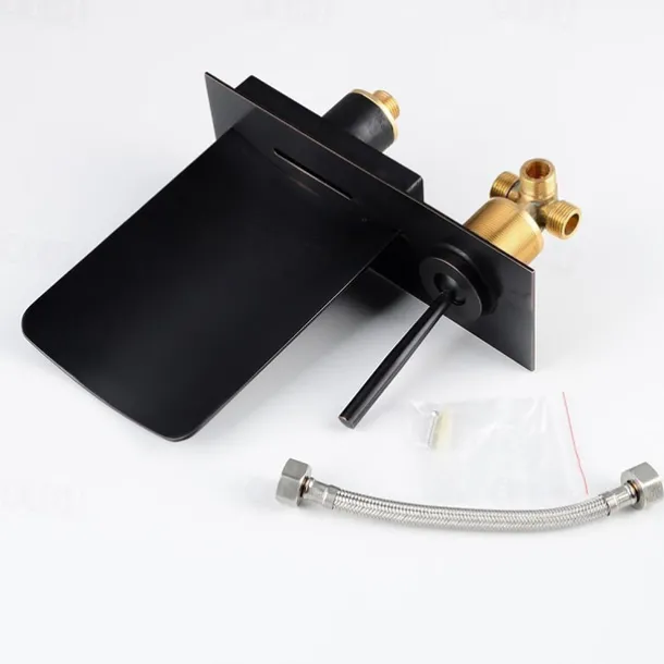 LED Bathroom Sink Mixer Faucet Waterfall Spout 3 Color Water Temperature, Basin Vessel Taps Brass Wall Mounted Single Handle Two Hole Bath Taps With Cold and Hot Hose