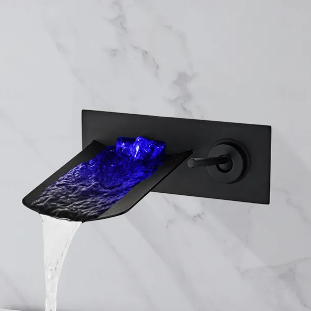 LED Bathroom Sink Mixer Faucet Waterfall Spout 3 Color Water Temperature, Basin Vessel Taps Brass Wall Mounted Single Handle Two Hole Bath Taps With Cold and Hot Hose