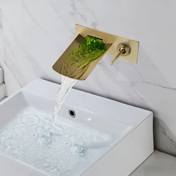 LED Bathroom Sink Mixer Faucet Waterfall Spout 3 Color Water Temperature, Basin Vessel Taps Brass Wall Mounted Single Handle Two Hole Bath Taps With Cold and Hot Hose