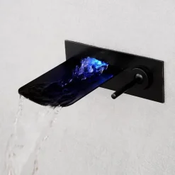 LED Bathroom Sink Mixer Faucet Waterfall Spout 3 Color Water Temperature, Basin Vessel Taps Brass Wall Mounted Single Handle Two Hole Bath Taps With Cold and Hot Hose
