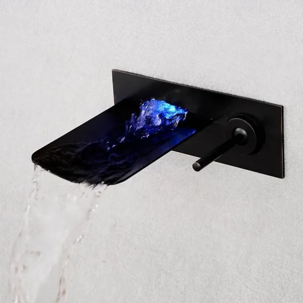 LED Bathroom Sink Mixer Faucet Waterfall Spout 3 Color Water Temperature, Basin Vessel Taps Brass Wall Mounted Single Handle Two Hole Bath Taps With Cold and Hot Hose