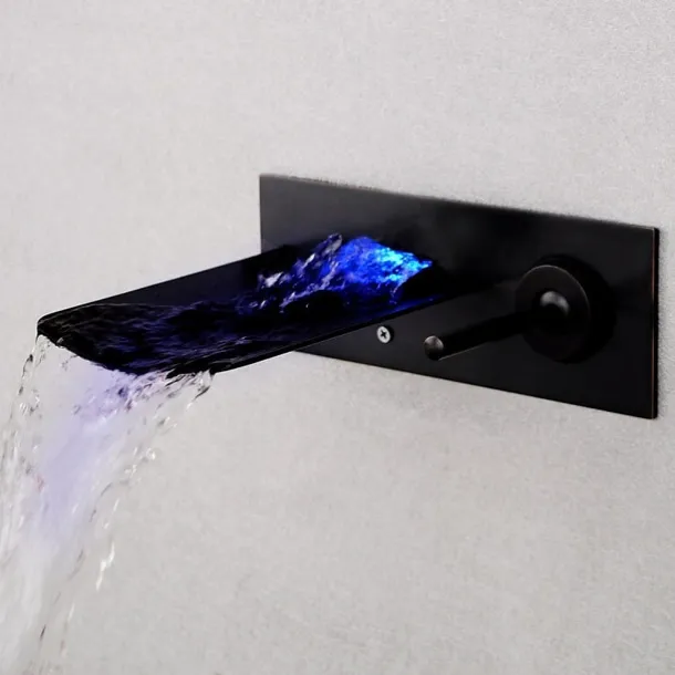 LED Bathroom Sink Mixer Faucet Waterfall Spout 3 Color Water Temperature, Basin Vessel Taps Brass Wall Mounted Single Handle Two Hole Bath Taps With Cold and Hot Hose