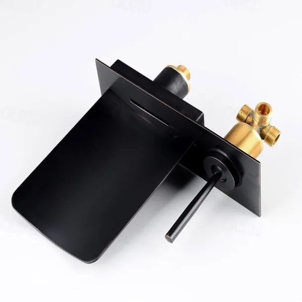 LED Bathroom Sink Mixer Faucet Waterfall Spout 3 Color Water Temperature, Basin Vessel Taps Brass Wall Mounted Single Handle Two Hole Bath Taps With Cold and Hot Hose