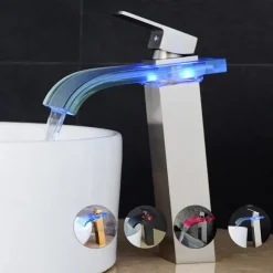 LED Bathroom Sink Mixer Faucet Waterfall Spout 3 Color Temperature, Tall Vessel Taps Single Handle One-hole Monobloc Basin Taps Washroom