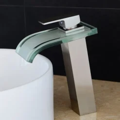 LED Bathroom Sink Mixer Faucet Waterfall Spout 3 Color Temperature, Tall Vessel Taps Single Handle One-hole Monobloc Basin Taps Washroom